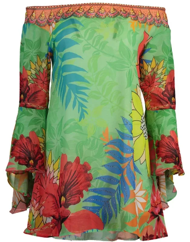 Green Off Shoulder Flare Sleeve Print Top