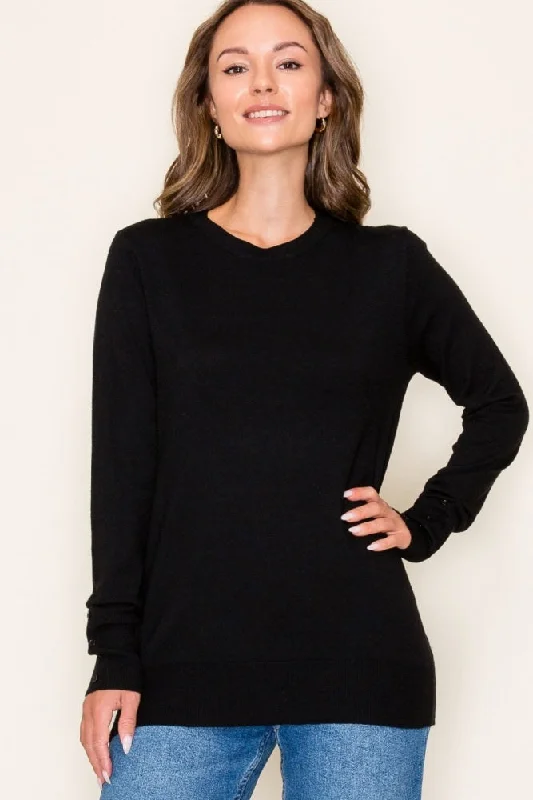 Black Knit Long Button Sleeve Top