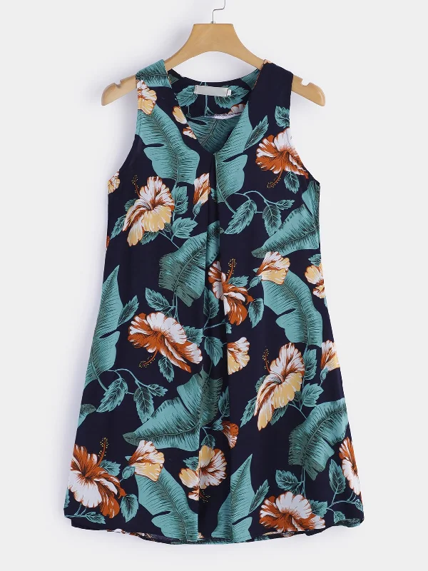 Wholesale Black V-Neck Sleeveless Floral Print Mini Dress