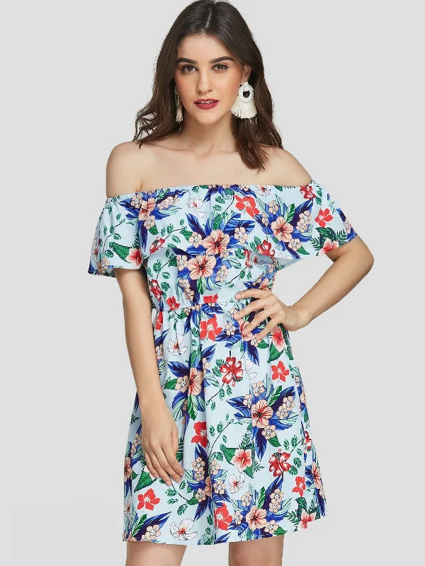 Wholesale Blue Off The Shoulder Floral Print Backless Mini Dresses