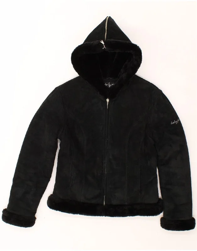 BABY PHAT Womens Hooded Sherpa Leather Jacket UK 14 Large Black Leather