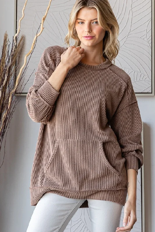 Mocha Ribbed Knit Front Pocket Pullover