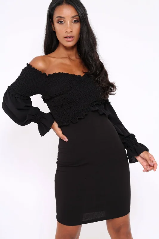 Black Shirred Wrap Over Bardot Mini Dress - Natasha