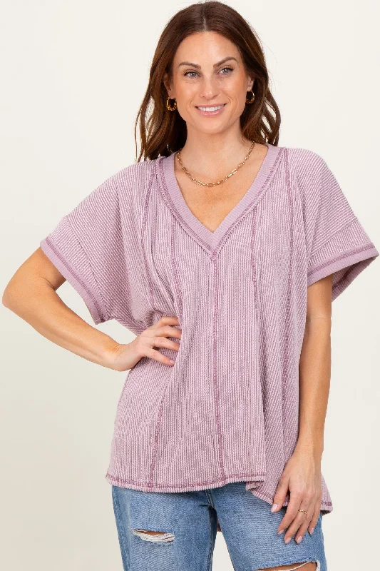 Mauve Striped Ribbed V-Neck Oversized Short Sleeve Top