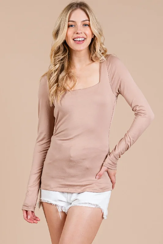 Beige Square Neck Long Sleeve Top