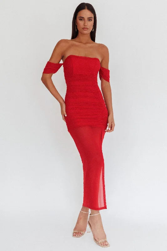 Melonie Off-Shoulder Mesh Maxi Dress Red