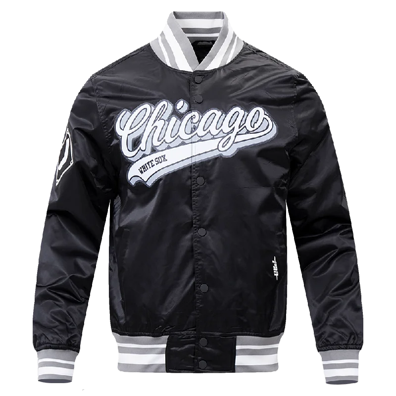 MLB CHICAGO WHITE SOX SCRIPT TAIL MEN'S SATIN JACKET (BLACK/GRAY)