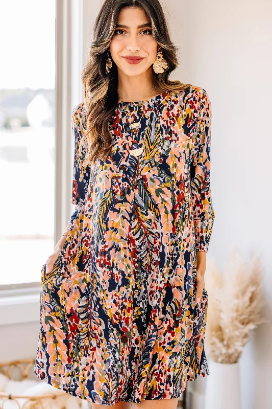 Just You Wait Dark Navy Blue Floral 3/4 Sleeve Dress