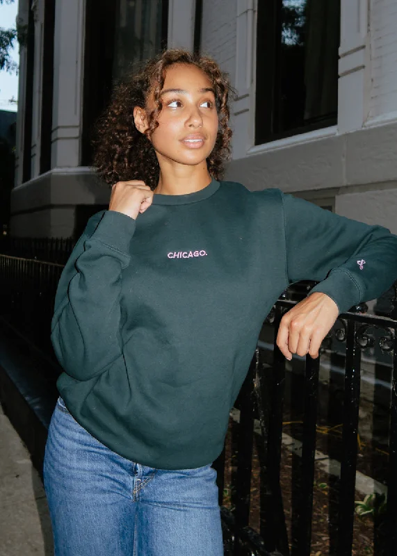 Chicago. Embroidered Crewneck - Pine & Pink