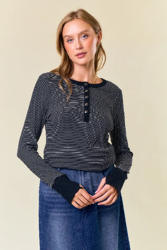 Black Striped Snap Button Henley Top