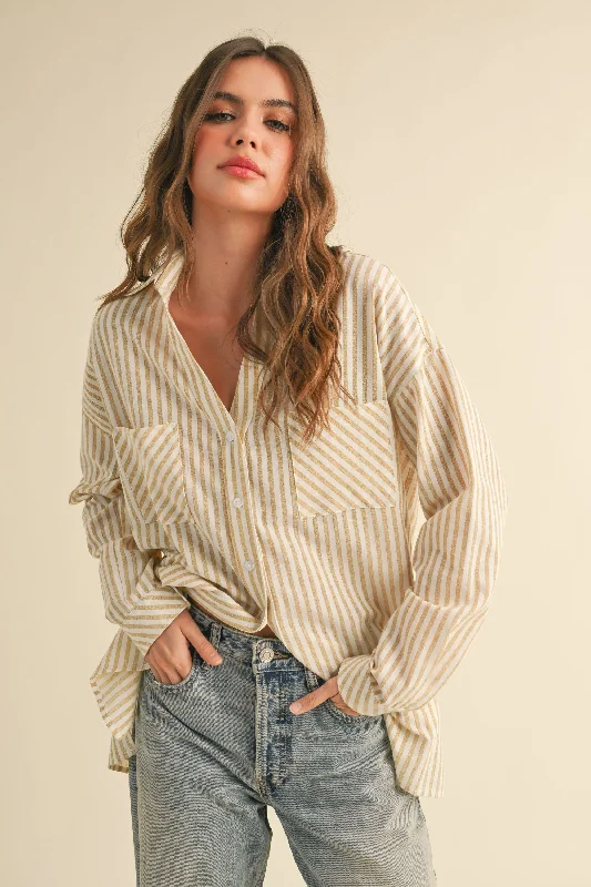 Dark Yellow Striped Double Pocket Button Down Top