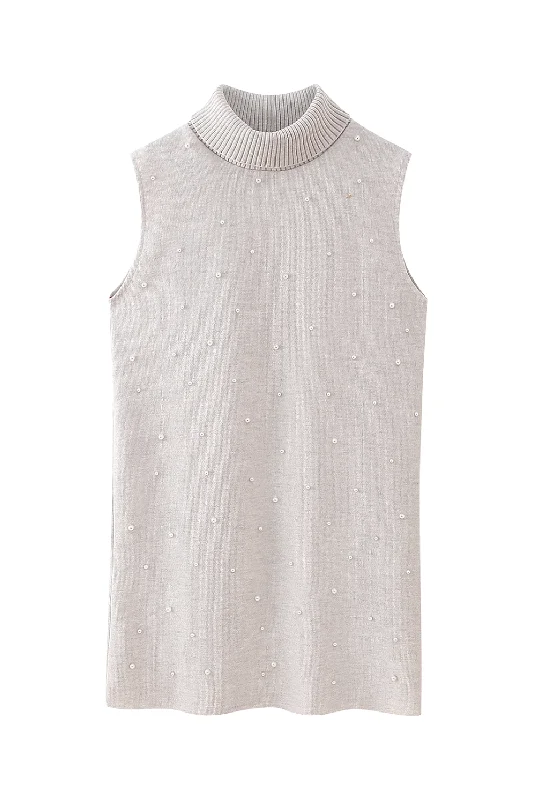 'Juliet' Mock Neck Pearl Embellished Sleeveless Knitted Top