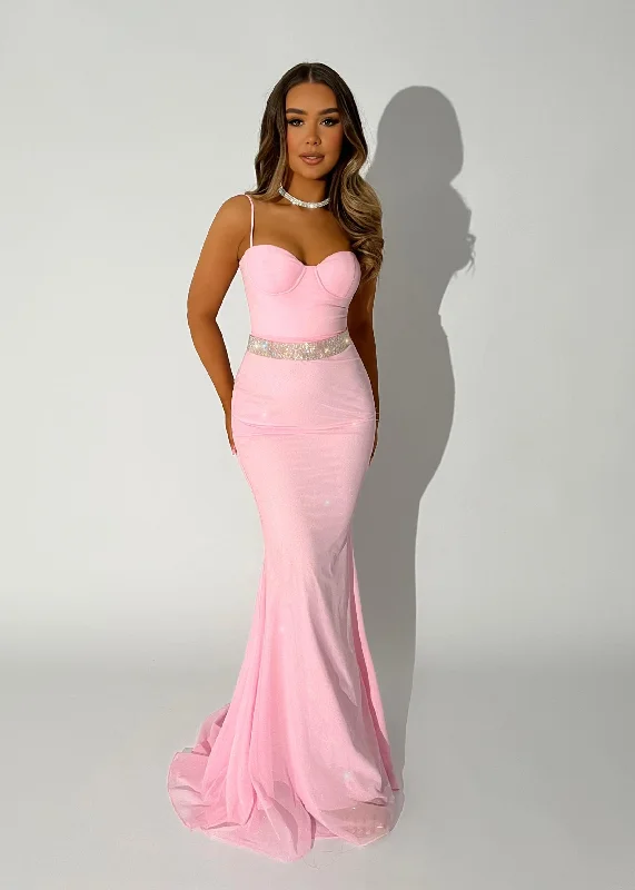 Secret Love Glitter Mesh Gown with Diamante Belt - Pink