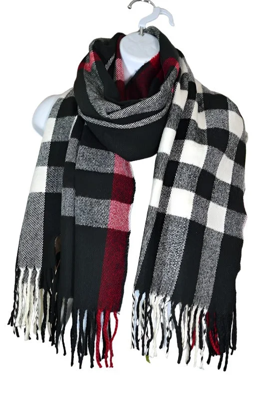 Buffalo Plaid Fringe Scarf - Black