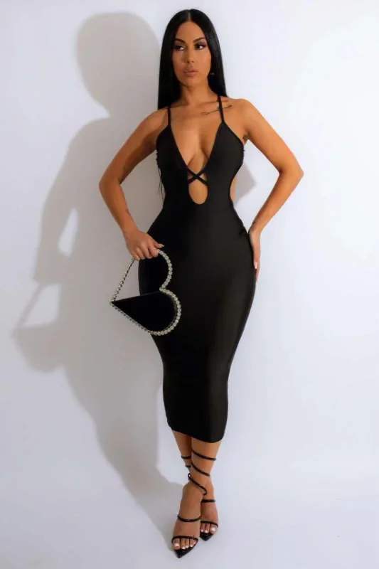 Criss Cross Cut Out Midi Bodycon Dress