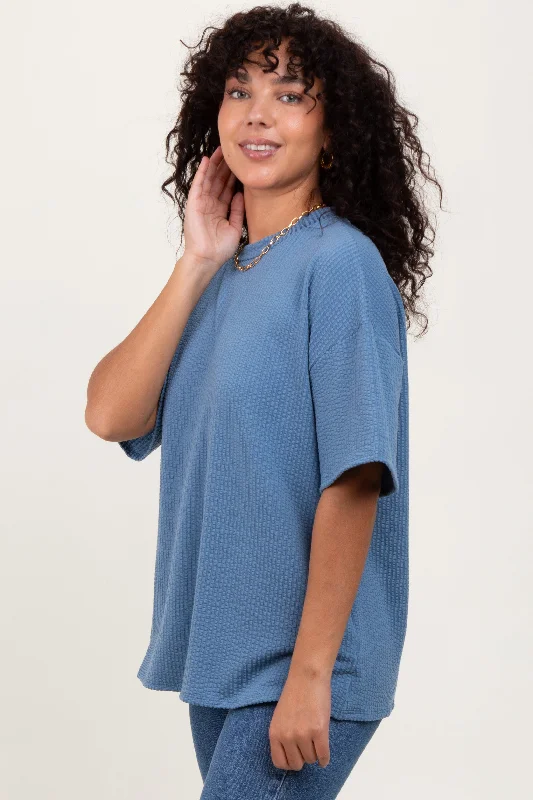 Blue Ribbed Short Sleeve Top