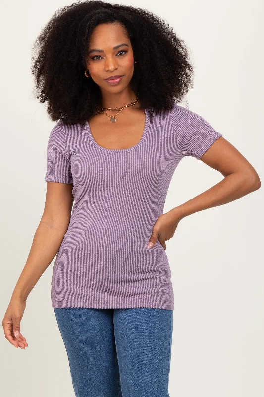 Mauve Solid Ribbed Short Sleeve Round Neck Basic Top