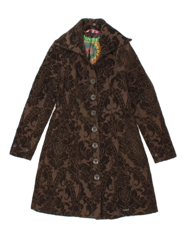 DESIGUAL Womens Abstract Pattern Overcoat EU 38 Medium Brown Polyester