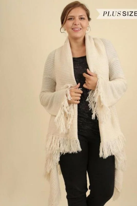 Umgee Plus Fringe Cardigan Sweater -  Cream