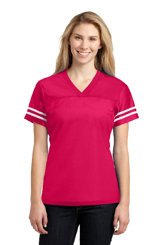 Sport-Tek Womens Short Sleeve V-Neck T-Shirt - Raspberry Pink/White - Closeout