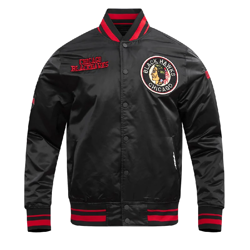 NHL CHICAGO BLACKHAWKS RETRO CLASSIC RIB SATIN JACKET (BLACK/RED/BLACK)