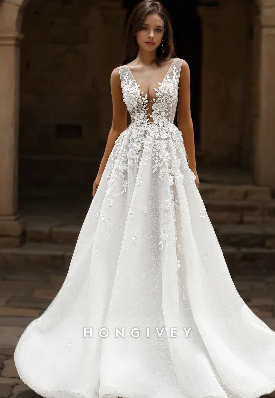 Fashional V-Neck Lace Applique Wedding Dress A-Line with Train Bridal Dresses