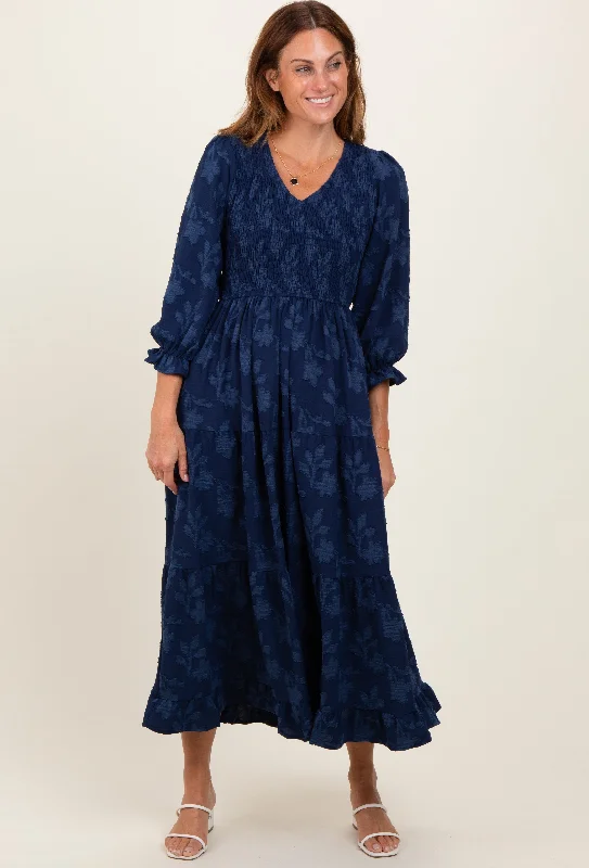 Navy Floral Smocked V-Neck Maxi Dress