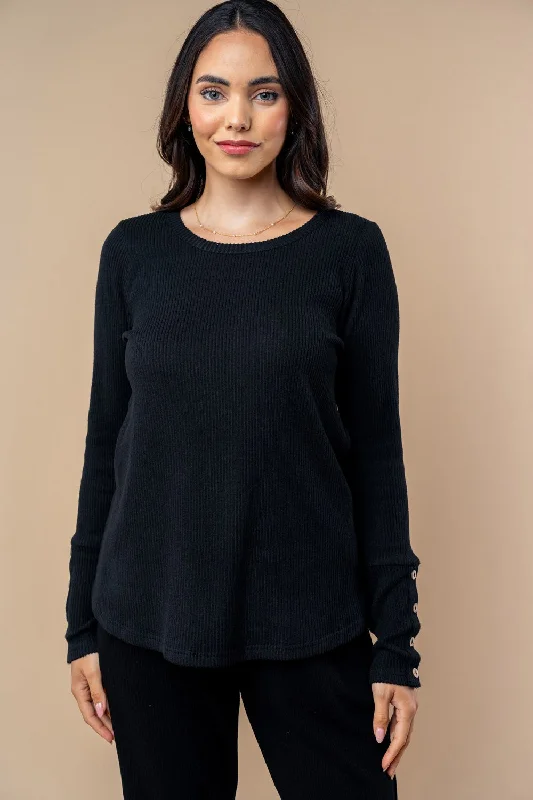 Black Ribbed Knit Button Detail Long Sleeve Top