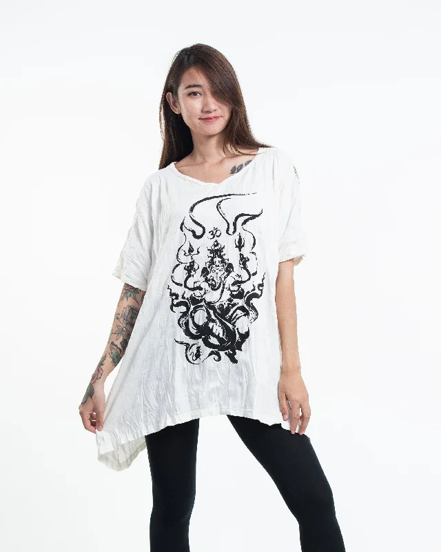 Womens Ganesh Chakra Loose V Neck T-Shirt in White